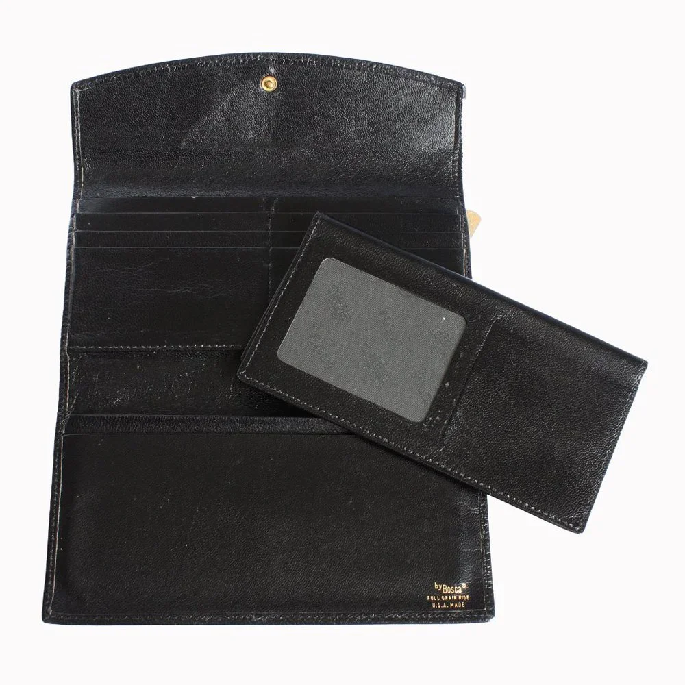 Bosca Wallet with Check Book Holder Black Leather Trifold Vintage